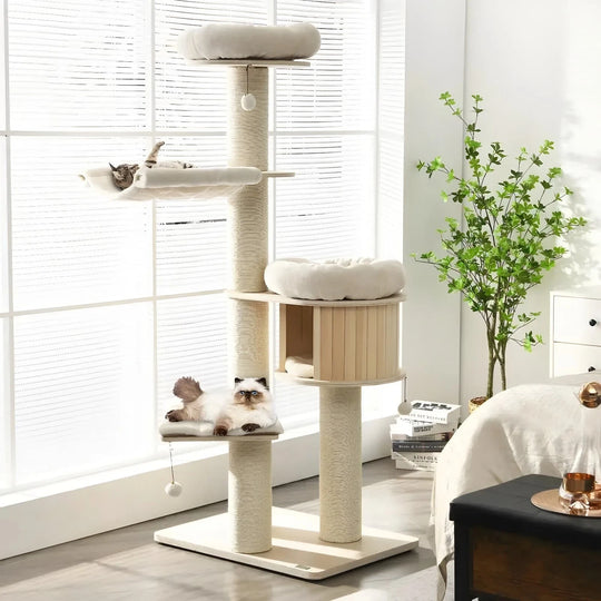 Grand arbre à chat en bois et sisal, lit rond et hamac – vue 1