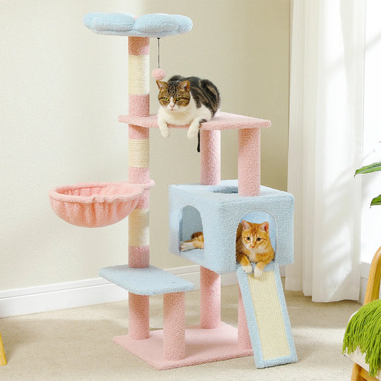 Arbre à chat d'escalade fleur, niche à trois portes et rampe à griffer – vue 1