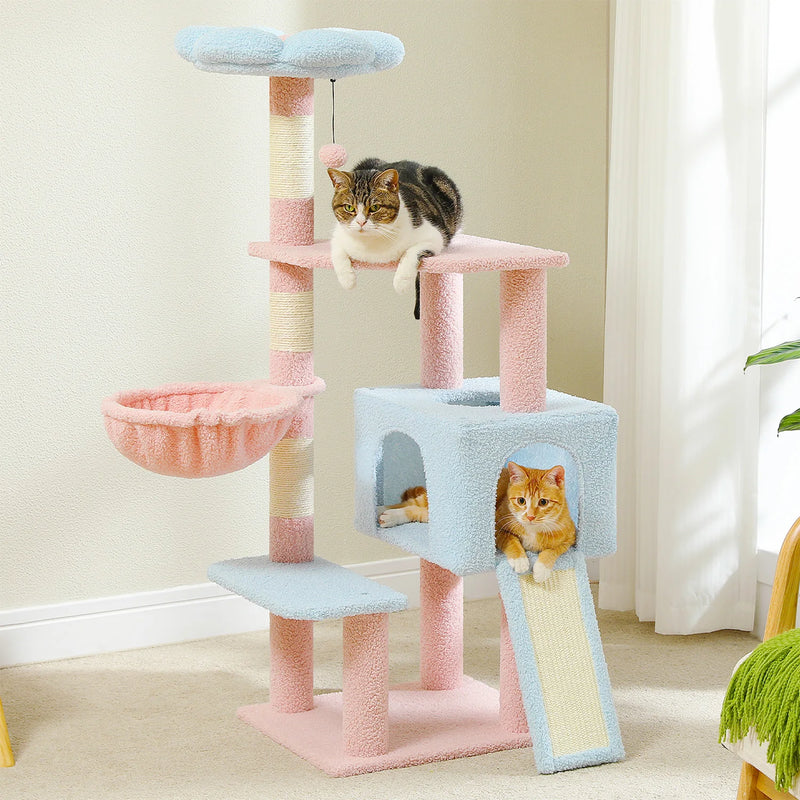 Arbre à chat d'escalade fleur, niche à trois portes et rampe à griffer – vue 1