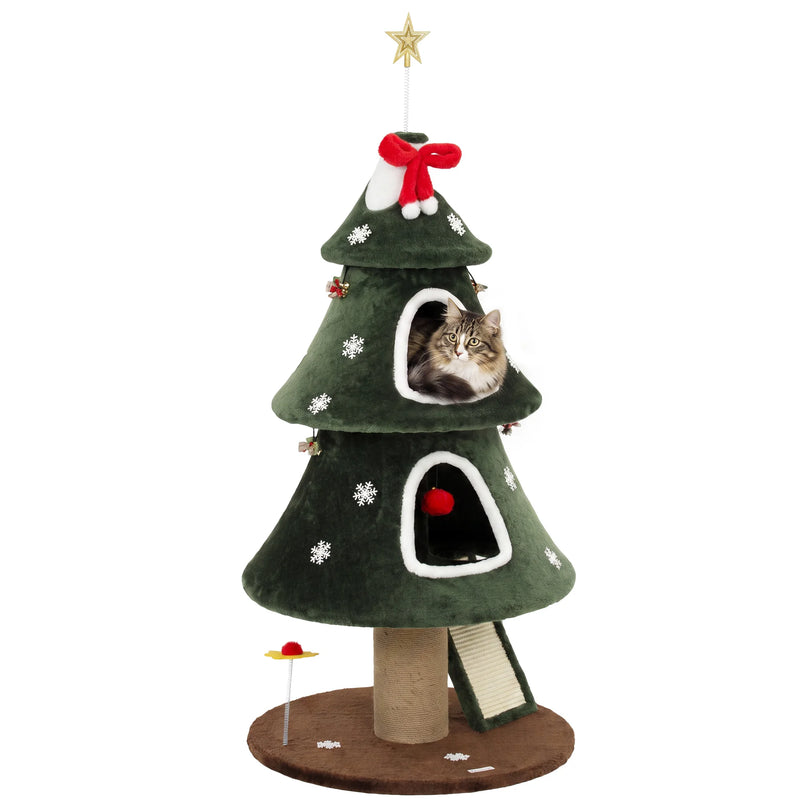 Arbre à chat d'escalade sapin de Noël en peluche verte à deux niches, 1,32 m – vue 6
