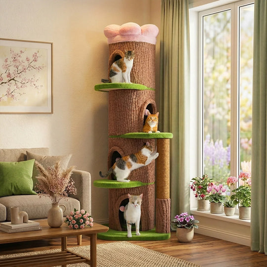 Arbre à chat d'escalade tronc d'arbre à fleur rose amovible et quatre niches, 1,74 m – vue 1
