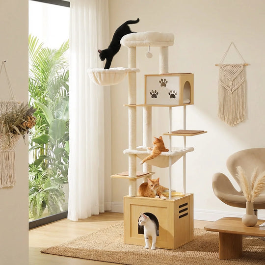 Arbre à chat d'escalade à caisson fermé, niche à empreintes de pattes et deux hamacs, 1,90 m – vue 1