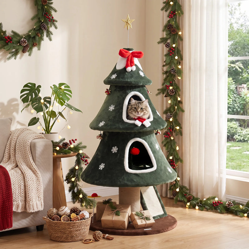 Arbre à chat d'escalade sapin de Noël en peluche verte à deux niches, 1,32 m – vue 2