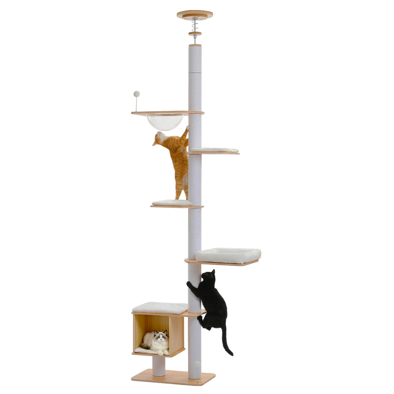 Arbre à chat d'escalade sol-plafond blanc à 5 niveaux, bulle transparente et niche cube – vue 9