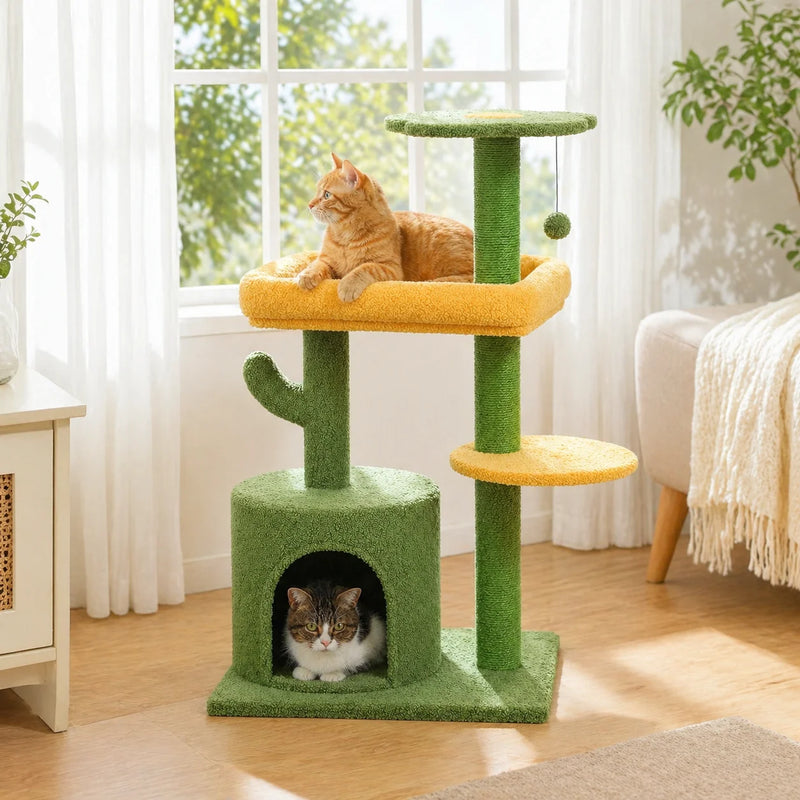 Arbre à chat d'escalade cactus vert et jaune, niche et lit moelleux, 0,94 m – vue 1