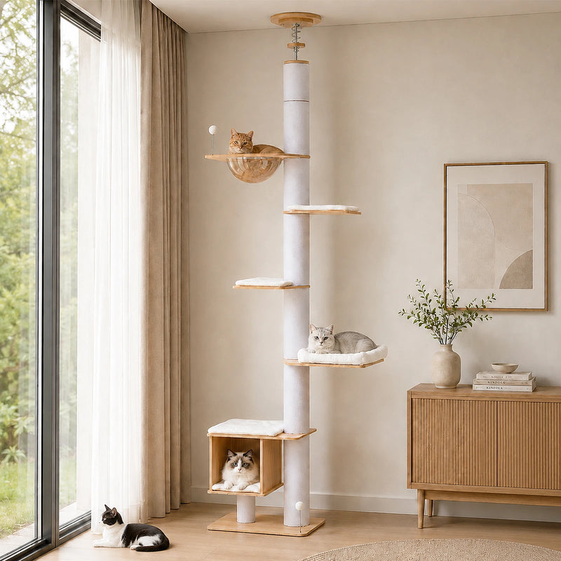 Arbre à chat d'escalade sol-plafond blanc à 5 niveaux, bulle transparente et niche cube – vue 1
