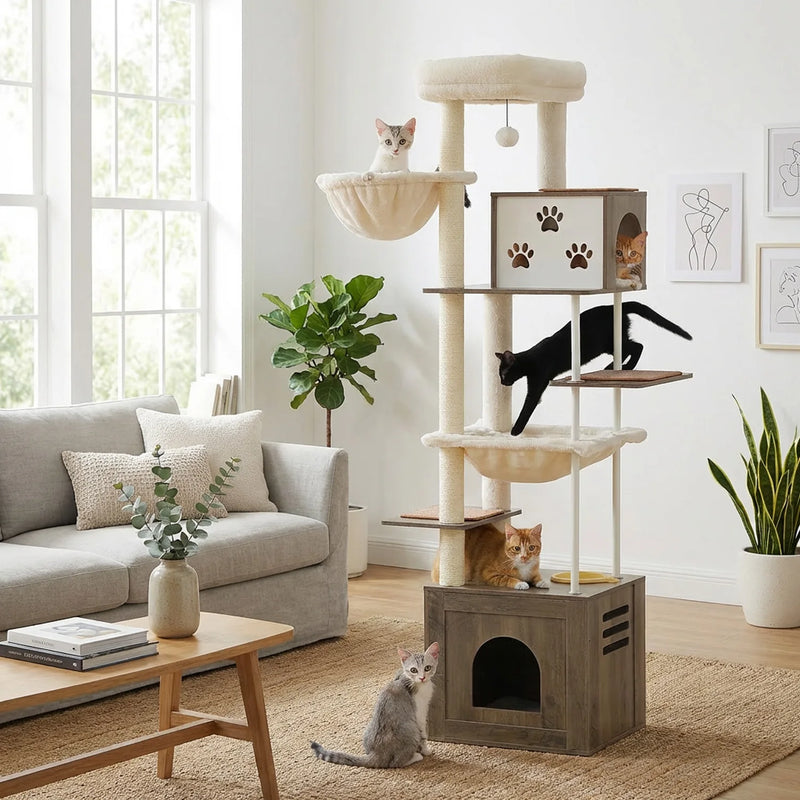 Arbre à chat d'escalade à caisson fermé, niche à empreintes de pattes et deux hamacs, 1,90 m – vue 2