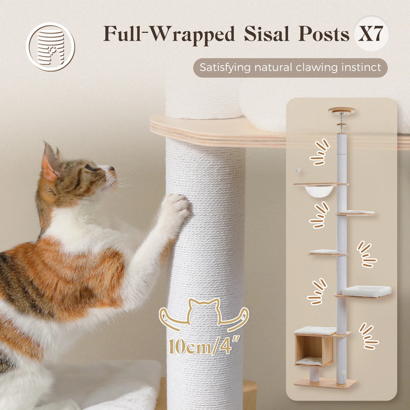 Arbre à chat d'escalade sol-plafond blanc à 5 niveaux, bulle transparente et niche cube – vue 5