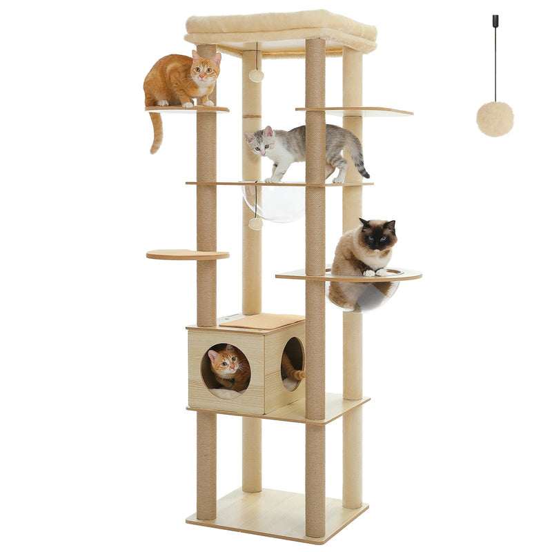 Arbre à chat d'escalade en bois clair, 2 capsules transparentes et plateau-sommet, 1,80 m – vue produit