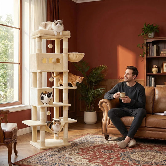 Arbre à chat d'escalade géant, hamac, niches et panier, 1,73 m, photo 3