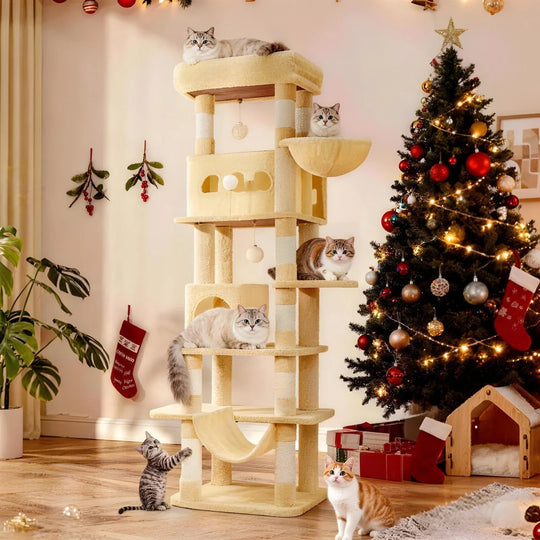 Arbre à chat d'escalade géant, hamac, niches et panier, 1,73 m – vue 1