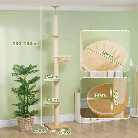 Arbre à chat d'escalade sol-plafond en sisal, plateaux ronds et hamac, 230 à 250 cm, photo 3