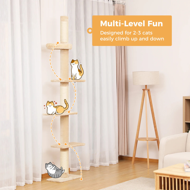 Arbre à chat d'escalade sol-plafond à 3 plateformes, tête réglable, 2,43 à 2,73 m – vue 5