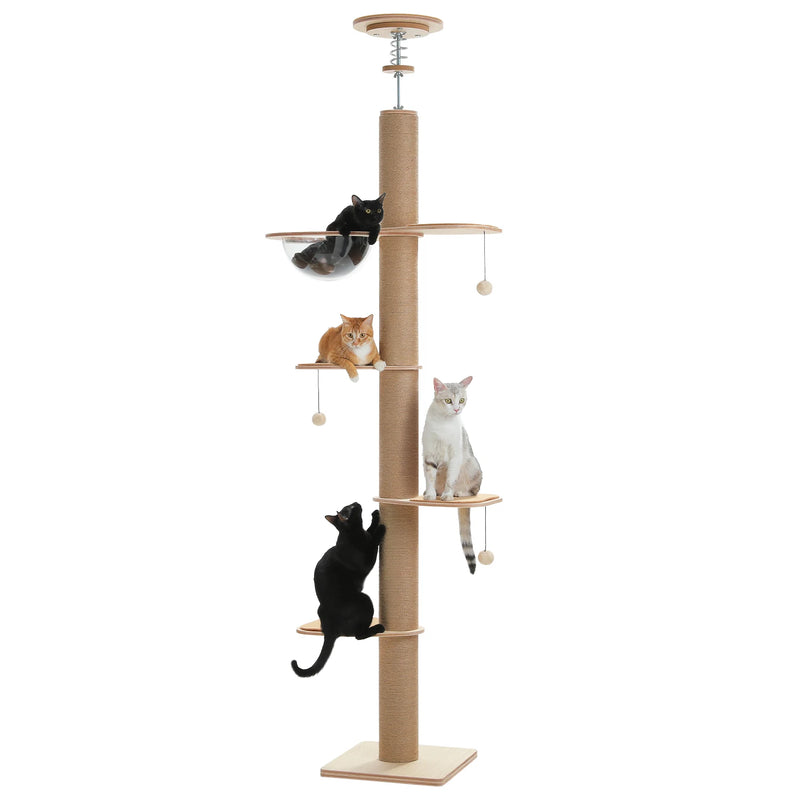 Arbre à chat d'escalade sol-plafond blanc à 5 niveaux, bulle transparente et niche cube – vue 8