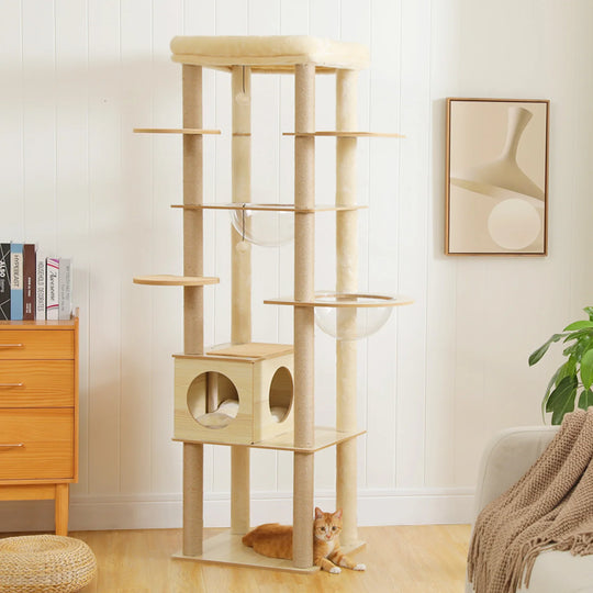 Arbre à chat d'escalade en bois clair, 2 capsules transparentes et plateau-sommet, 1,80 m, photo 1