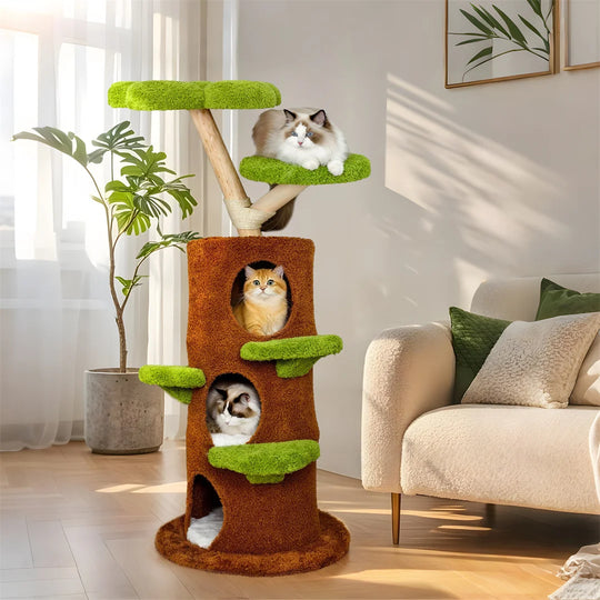 Arbre à chat d'escalade tronc-grotte et plateaux vert mousse, 148 cm, photo 1