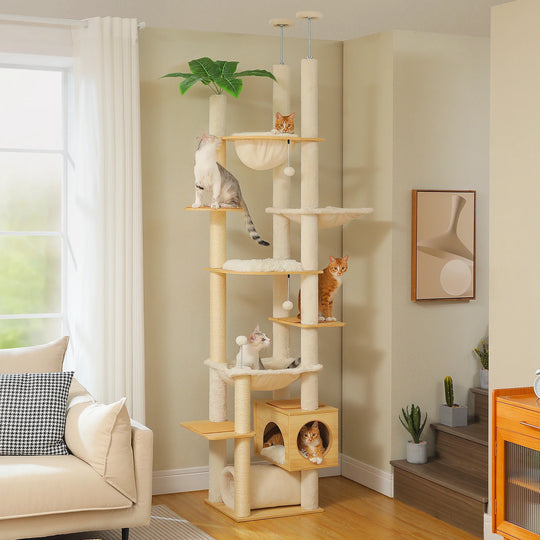 Arbre à chat d'escalade sol-plafond à feuillage, niche cube et hamacs, 2,37 à 2,56 m – vue 1