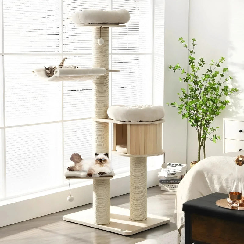 Grand arbre à chat en bois et sisal, lit rond et hamac – vue 1