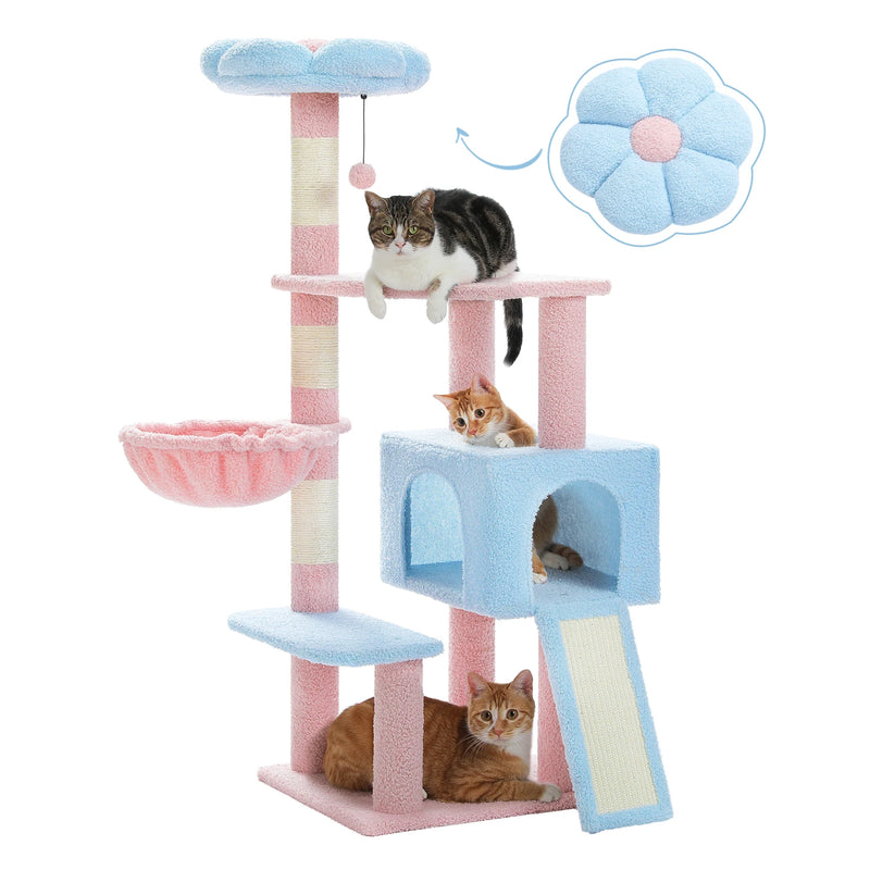 Arbre à chat d'escalade fleur, niche à trois portes et rampe à griffer – vue 8