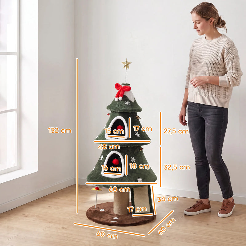 Arbre à chat d'escalade sapin de Noël en peluche verte à deux niches, 1,32 m – vue 3