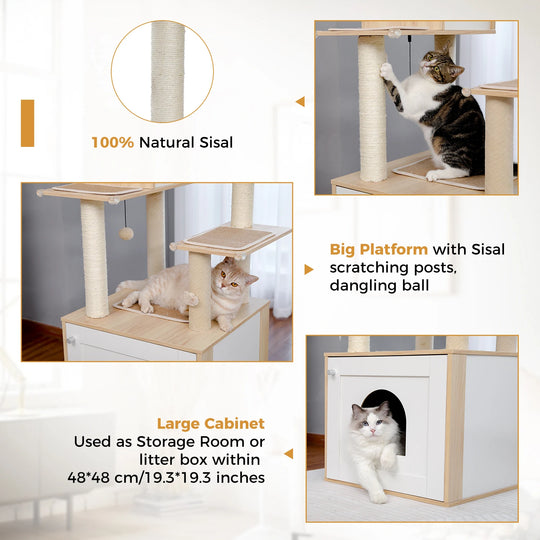 Arbre à chat d'escalade beige avec grand caisson fermé, niche cubique et hamac, 1,44 m, photo 4