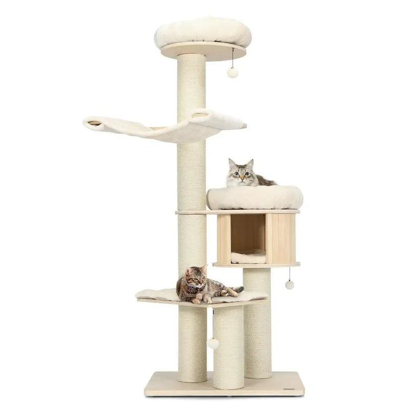 Grand arbre à chat en bois et sisal, lit rond et hamac – vue 3