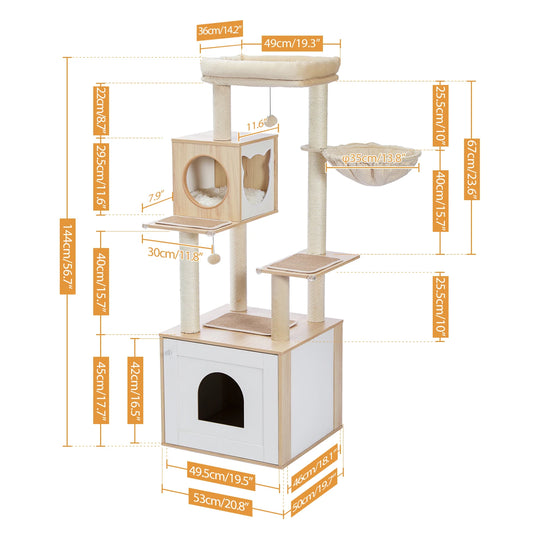 Arbre à chat d'escalade beige avec grand caisson fermé, niche cubique et hamac, 1,44 m, photo 1