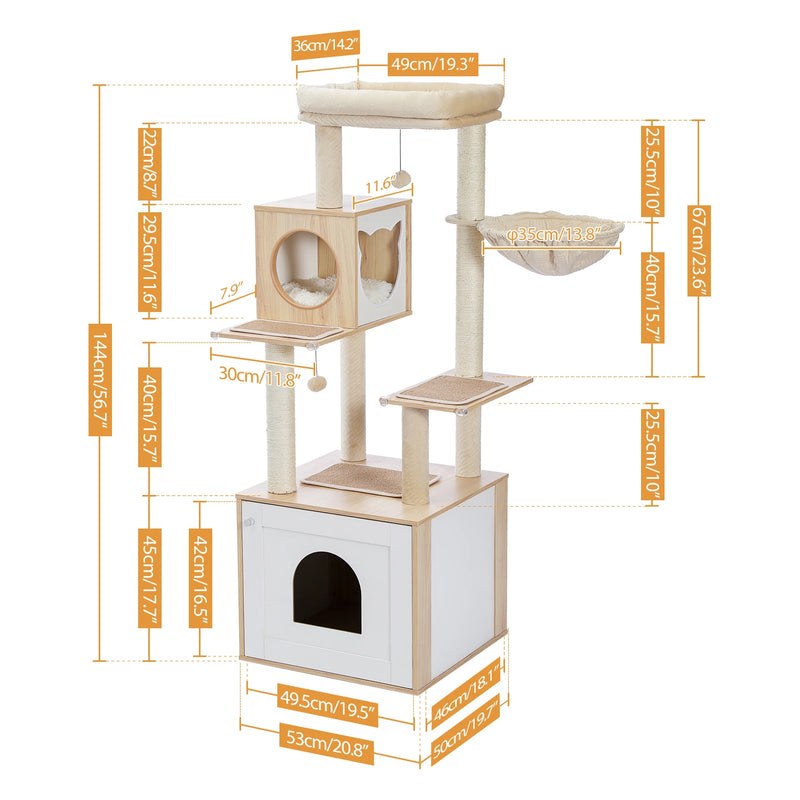 Arbre à chat d'escalade beige avec grand caisson fermé, niche cubique et hamac, 1,44 m – vue 2