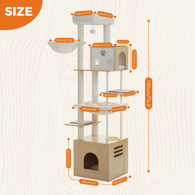 Arbre à chat d'escalade à caisson fermé, niche à empreintes de pattes et deux hamacs, 1,90 m – vue 3