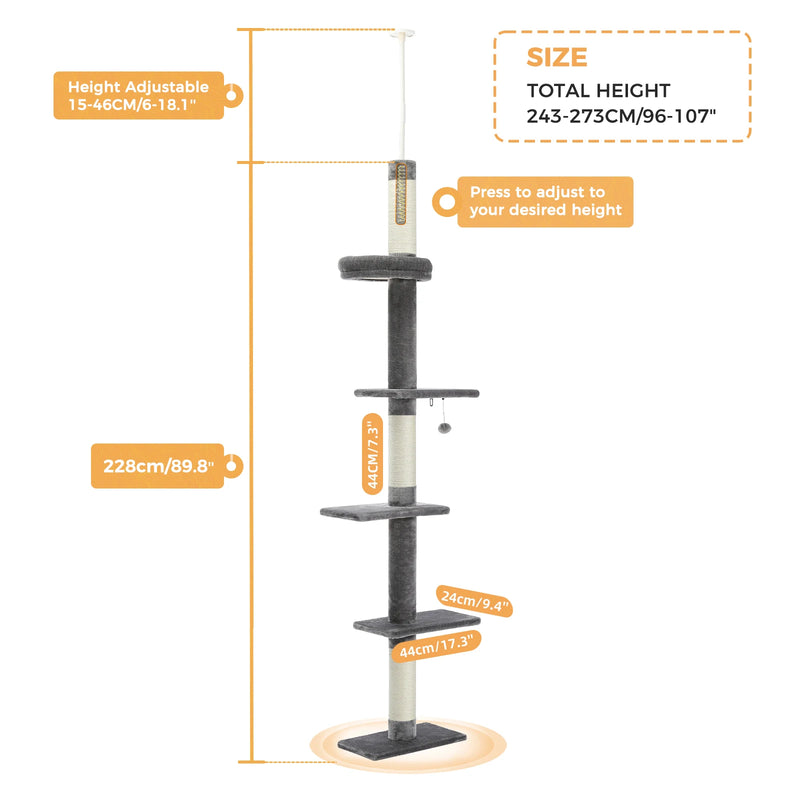 Arbre à chat d'escalade sol-plafond à 3 plateformes, tête réglable, 2,43 à 2,73 m – vue 8