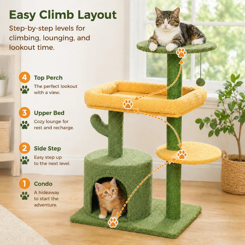 Arbre à chat d'escalade cactus vert et jaune, niche et lit moelleux, 0,94 m – vue 3