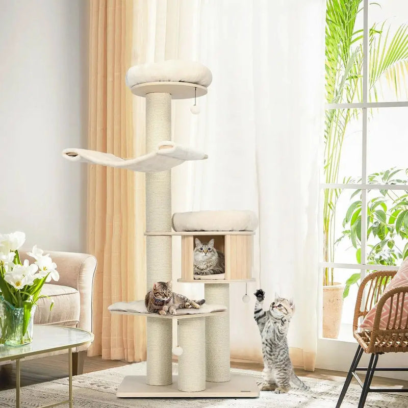 Grand arbre à chat en bois et sisal, lit rond et hamac – vue 2