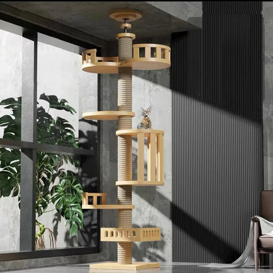 Arbre à chat d'escalade sol-plafond réglable en bois et sisal, photo 5