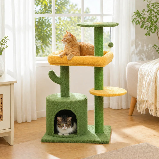 Arbre à chat d'escalade cactus vert et jaune, niche et lit moelleux, 0,94 m – vue 1