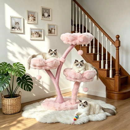 Arbre à chat à fleurs roses en peluche – vue 1