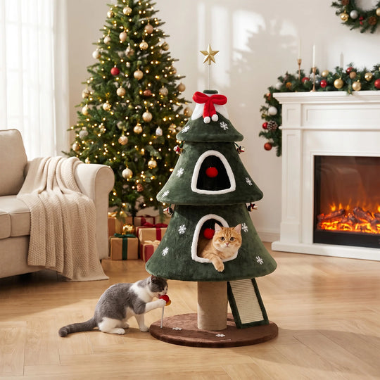 Arbre à chat d'escalade sapin de Noël en peluche verte à deux niches, 1,32 m, photo 3