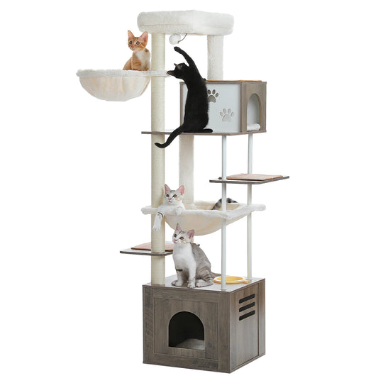 Arbre à chat d'escalade à caisson fermé, niche à empreintes de pattes et deux hamacs, 1,90 m, photo 6