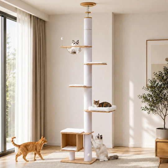 Arbre à chat d'escalade sol-plafond blanc à 5 niveaux, bulle transparente et niche cube, photo 1