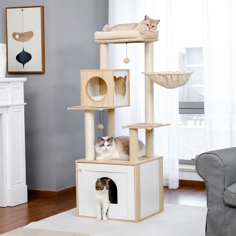 Arbre à chat d'escalade beige avec grand caisson fermé, niche cubique et hamac, 1,44 m – vue 1