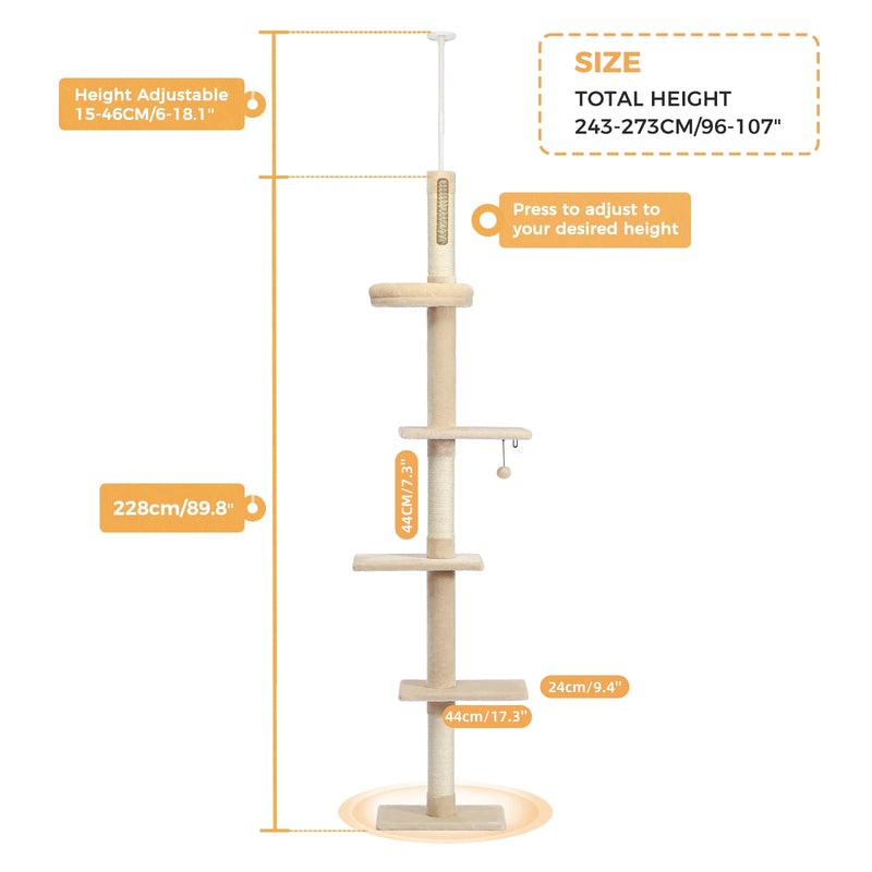 Arbre à chat d'escalade sol-plafond à 3 plateformes, tête réglable, 2,43 à 2,73 m – vue 7