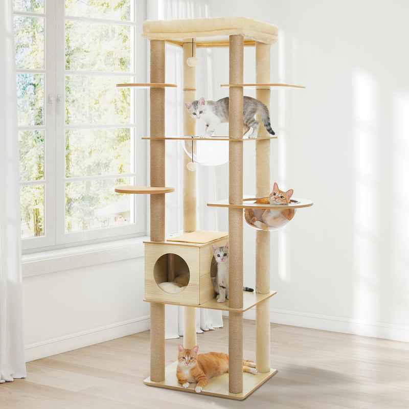 Arbre à chat d'escalade en bois clair, 2 capsules transparentes et plateau-sommet, 1,80 m – vue 1