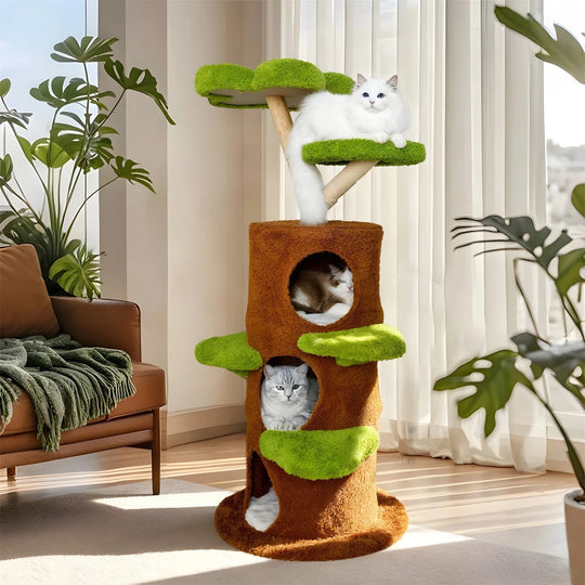 Arbre à chat tronc-grotte et plateaux vert mousse – vue 1