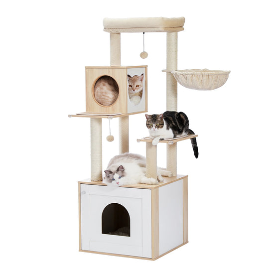 Arbre à chat d'escalade beige avec grand caisson fermé, niche cubique et hamac, 1,44 m, photo 5