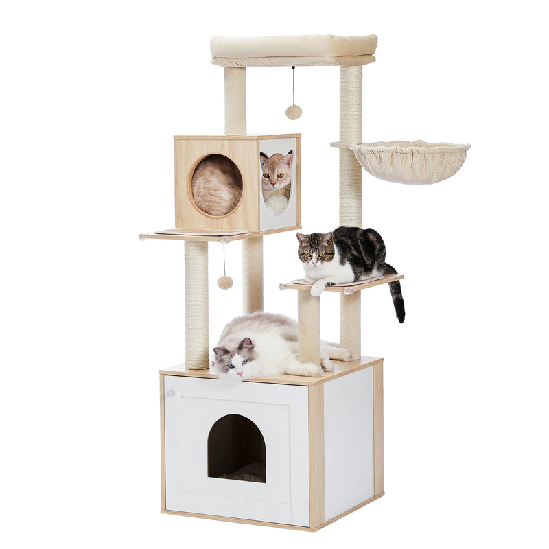 Arbre à chat d'escalade beige avec grand caisson fermé, niche cubique et hamac, 1,44 m – vue 6