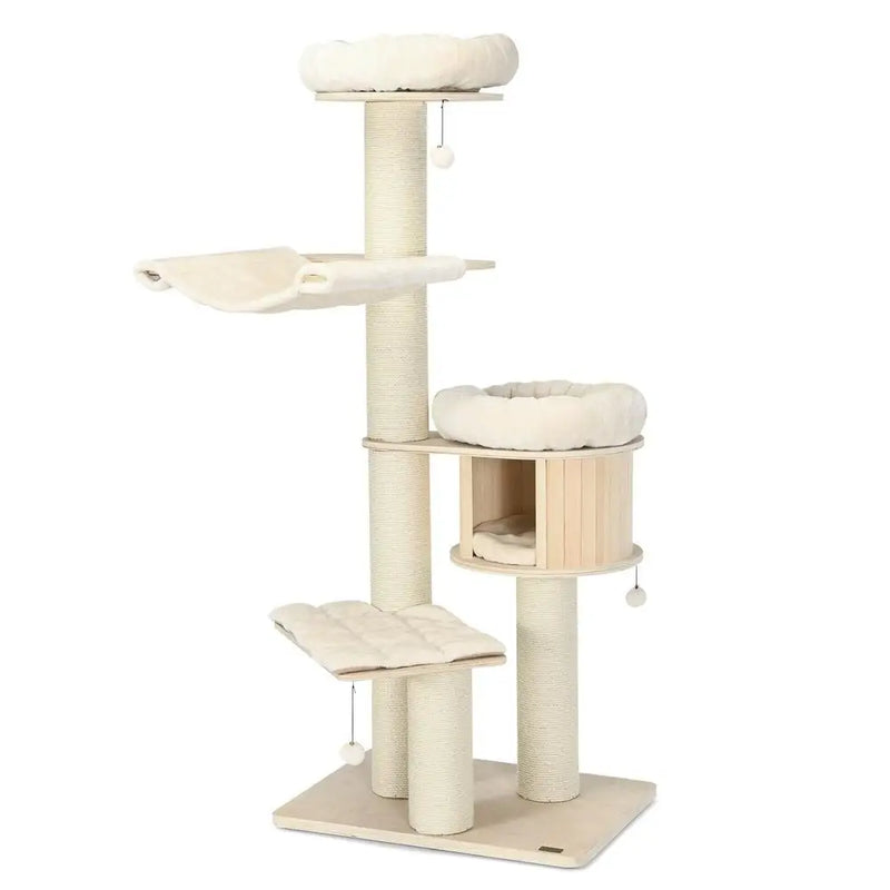 Grand arbre à chat en bois et sisal, lit rond et hamac – vue 4