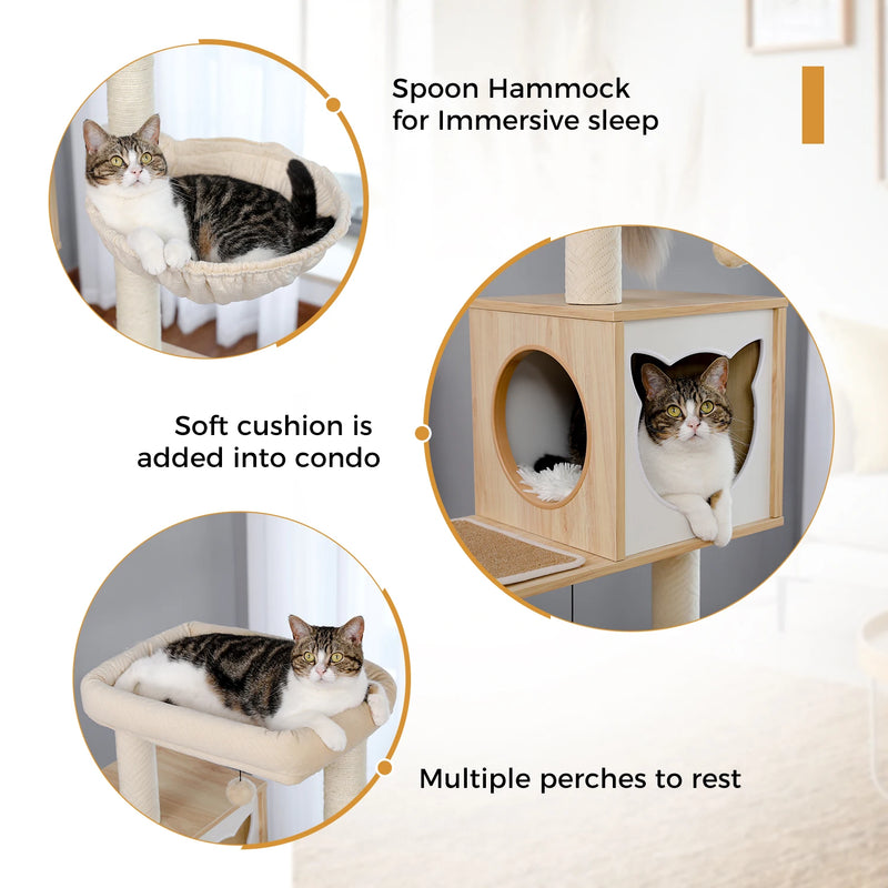 Arbre à chat d'escalade beige avec grand caisson fermé, niche cubique et hamac, 1,44 m – vue 3